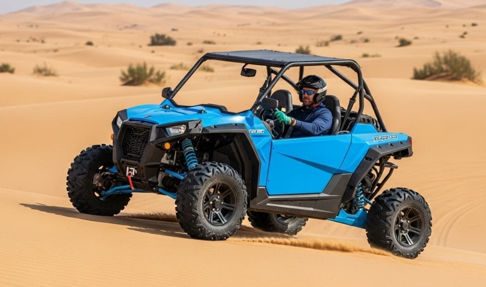 Can-Am buggy driving through the Dubai desert, highlighting reasons to rent for adventure and exploration.