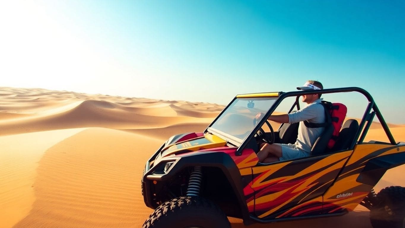 Man driving a Yamaha YXZ UTV with flame graphics through sunlit desert dunes under a clear blue sky - Yamaha YXZ – Built for pro-level handling
