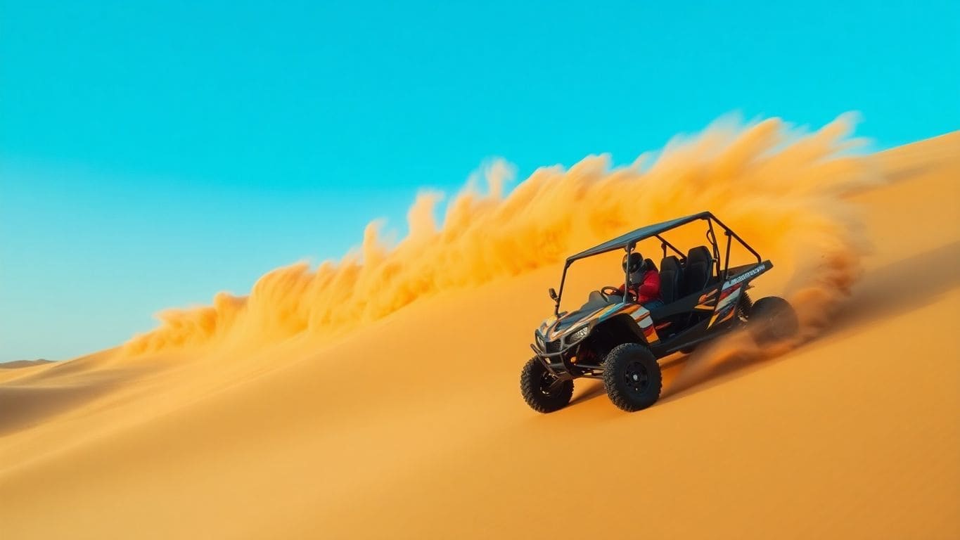 4 Seater Dune Buggy Dubai 4 seater dune buggy driving through Dubai desert sand dunes under clear blue sky - 4 Seater Dune Buggy Dubai