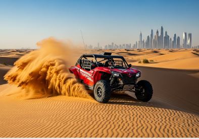 4 Seater Dune Buggy Red 4-seater dune buggy racing through Dubai desert dunes with city skyline visible in the distance - 4 Seater Dune Buggy