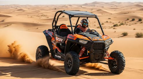 Polaris RZR dune buggy racing across sandy desert terrain in Dubai, available for rental and off-road adventures - Polaris RZR Dune Buggy Rental in Dubai
